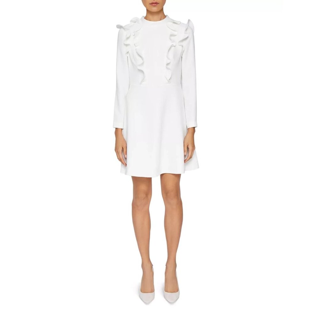 Ted Baker Fashal White Ruffle Long Sleeve Mini Dress, Size Small (2)